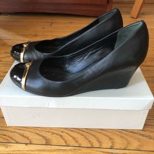 Tory Burch black leather and patent wedges, size 8